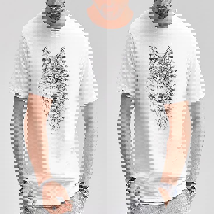 ウルフ フローラル ヴィンテージ 花 オオカミの顔 オオカミの恋人 Tシャツ 面白い贈り物