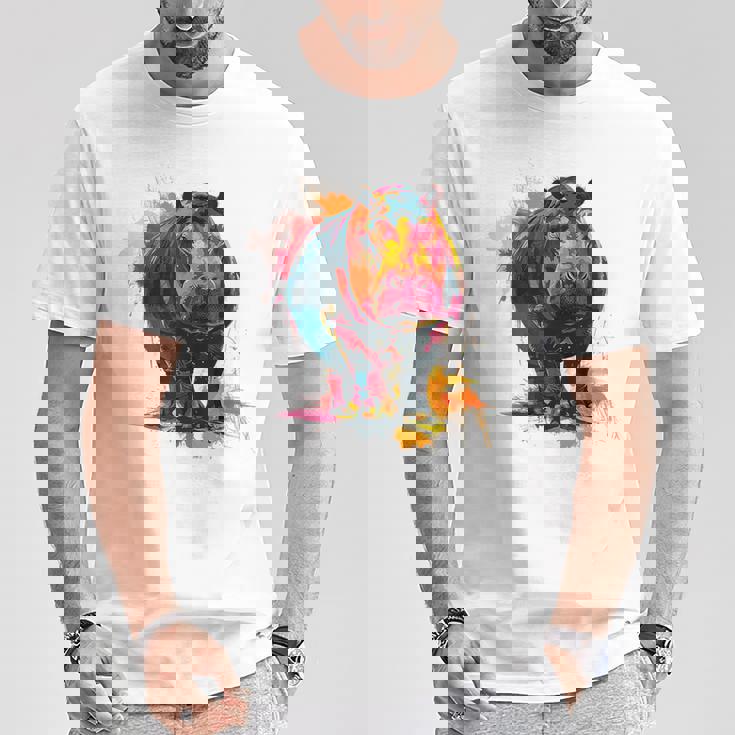 カバ 動物 カラフル グラフィック 抽象 アート 絵画 カバ Tシャツ 面白い贈り物