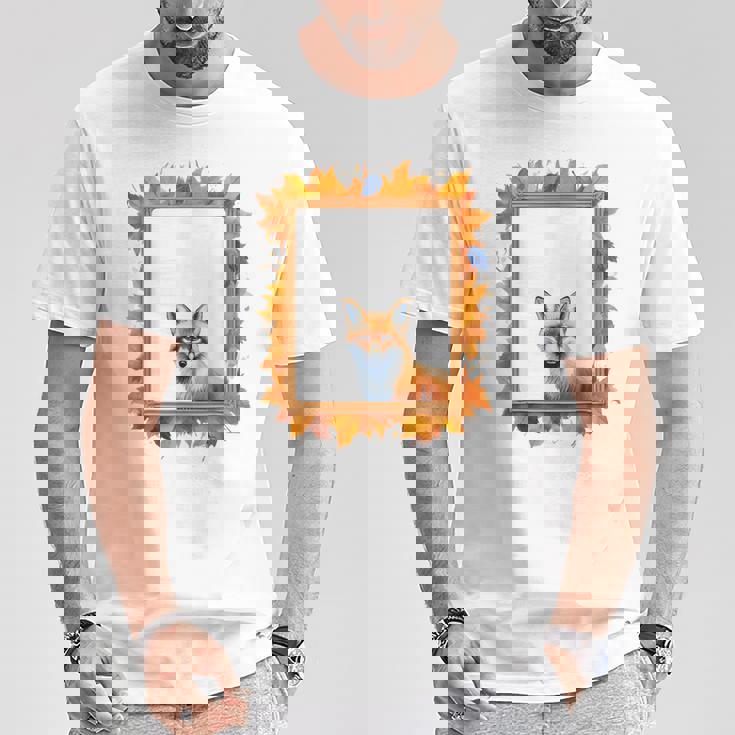 キツネ アニマル柄 モチーフ 紅葉 イラスト 自然 狐 Tシャツ 面白い贈り物