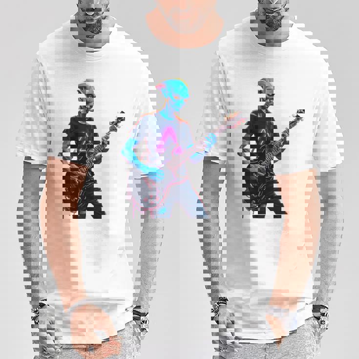 バックプリント ギタリスト エイリアン グラフィック ギター エイリアン ギタリスト Tシャツ 面白い贈り物