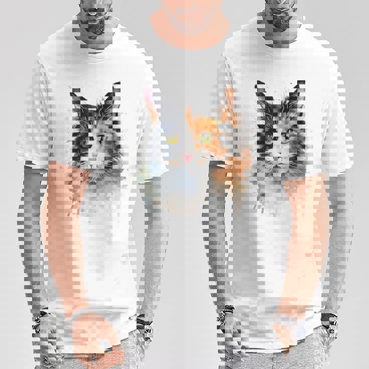 クールな水彩 三毛猫顔 三毛猫 お母さん 猫 お父さん Tシャツ 面白い贈り物