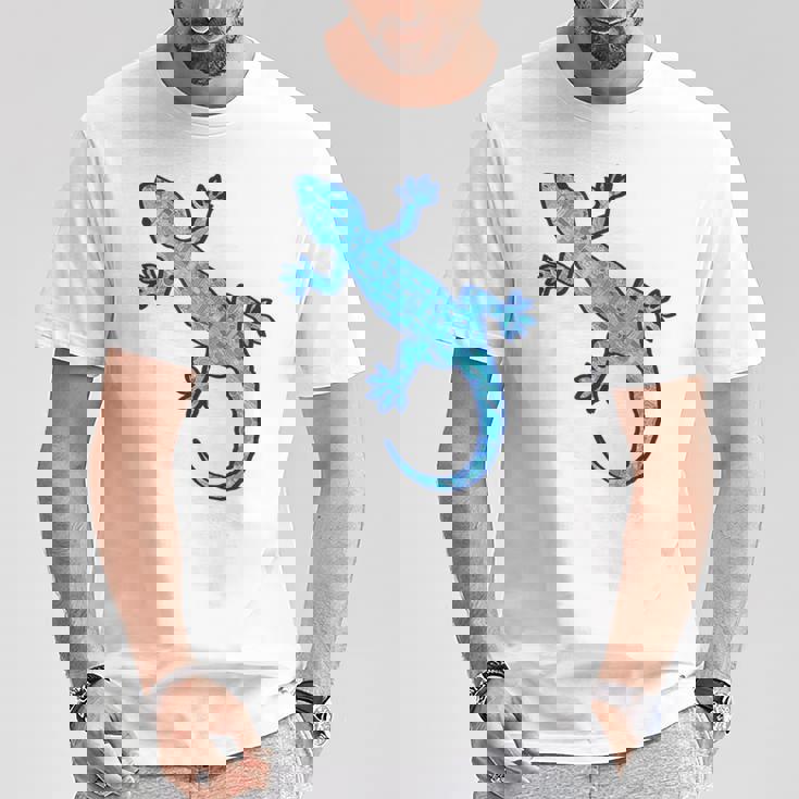 トライバル バティック パターン ヤモリトカゲ デニムブルーtシャツ Tシャツ 面白い贈り物