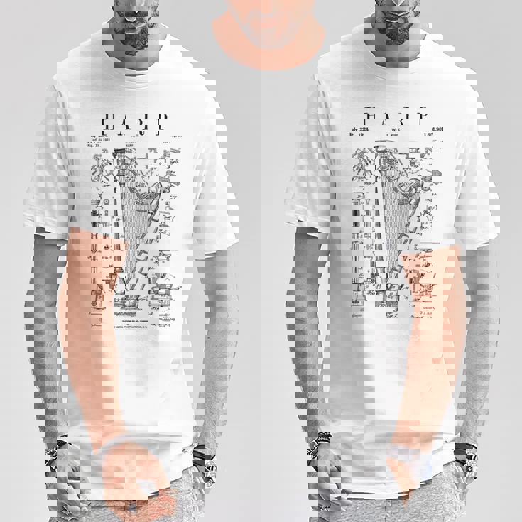 ハープ ヴィンテージ 特許ハーピスト ドローイングプリント Tシャツ 面白い贈り物