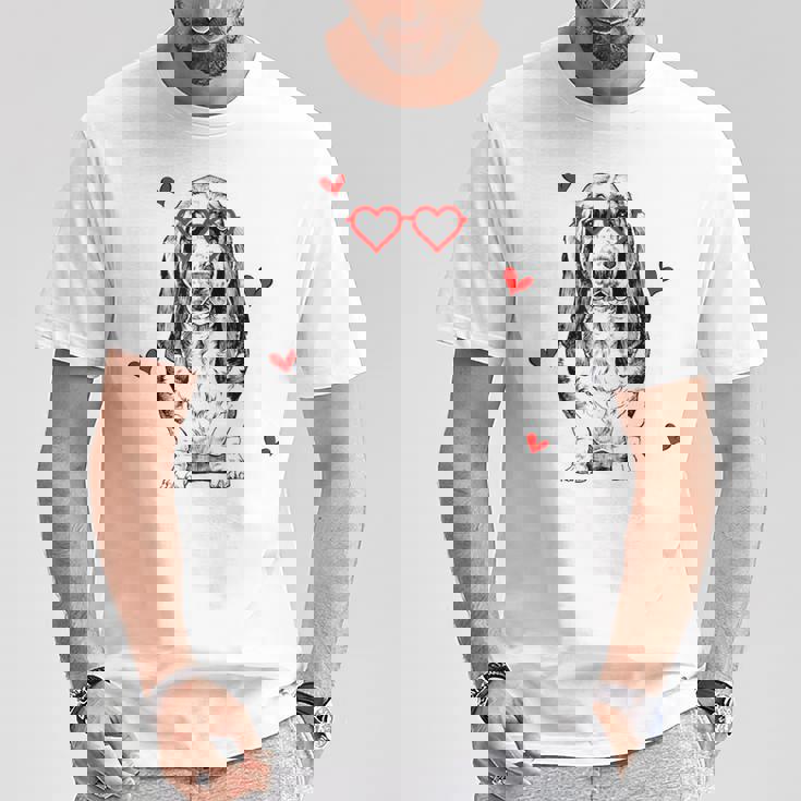 バセットハウンド ハートグラス バレンタインデー 犬 ママ Tシャツ 面白い贈り物