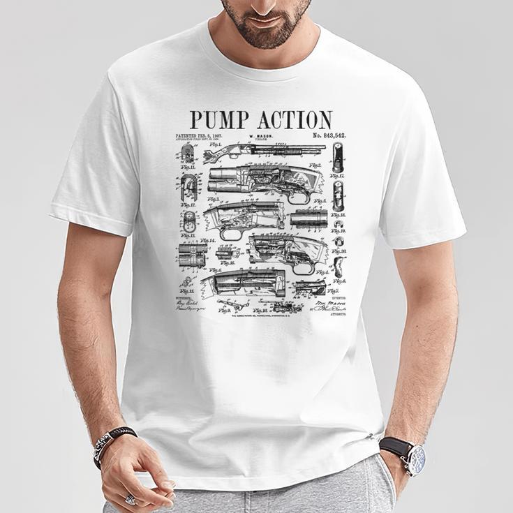 ポンプアクション ショットガン ヴィンテージ ライフル 銃 特許プリント Tシャツ 面白い贈り物