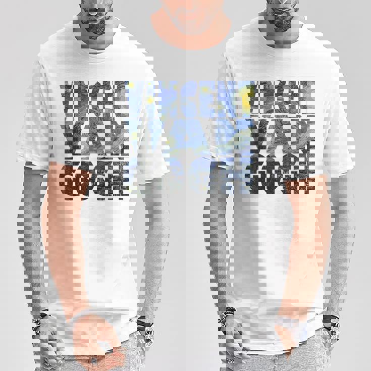 ヴィンセント・ヴァン・ゴッホ作「星月夜」 テキスト ミュージアムアート Tシャツ 面白い贈り物