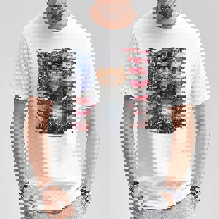 三毛猫 オレンジ猫 ねこ バイク 星条旗 アメリカ Tシャツ 面白い贈り物