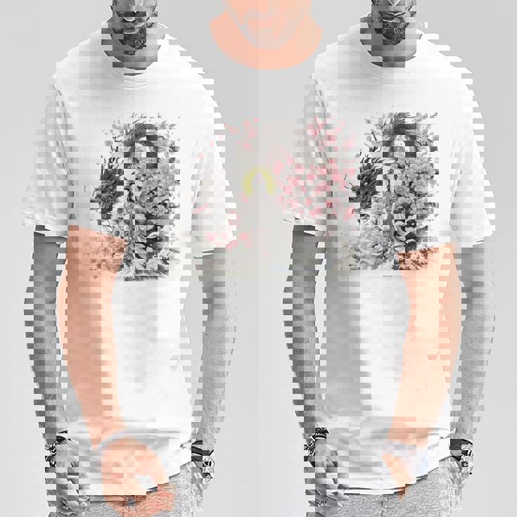 日本 浮世絵 観音菩薩 竜 桜 波 バックプリント 長袖tシャツ Tシャツ 面白い贈り物