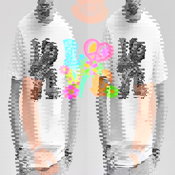 明るくカラフルな愛と平和 ピースサイン フラワートップ Tシャツ 面白い贈り物