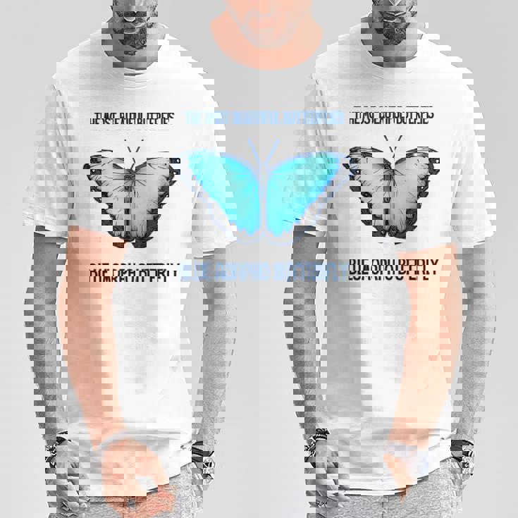 最も美しい蝶青いモルフォバタフライ Tシャツ 面白い贈り物