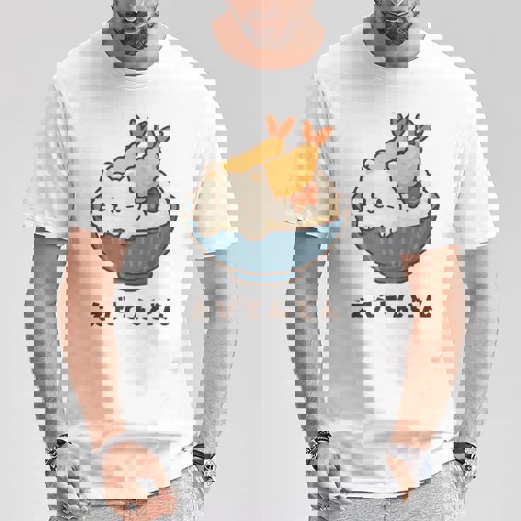 海老天丼 天丼 えび ご飯 ねこ 白猫 天丼好き 猫好き おもしろ かわいい猫 イラスト 猫キャラ 癒し 系 Tシャツ 面白い贈り物