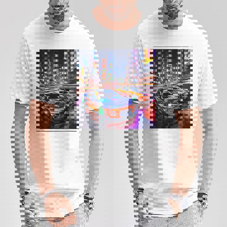 背面にjdmドリフトレーシングカー東京ドリフトスカイライン2台。 Tシャツ 面白い贈り物