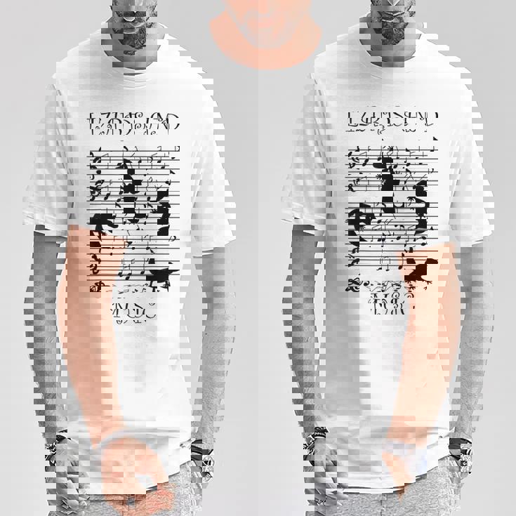 音楽とトカゲ ヤモリ ミュージシャン 爬虫類 Tシャツ 面白い贈り物