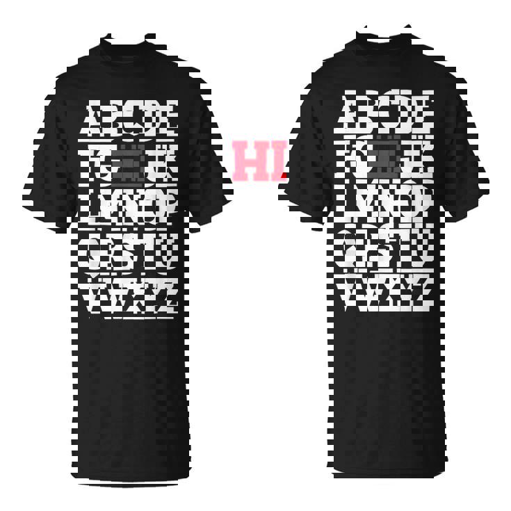 Abcのhiおかしいこんにちはアルファベット学生教師グリーティング Tシャツ