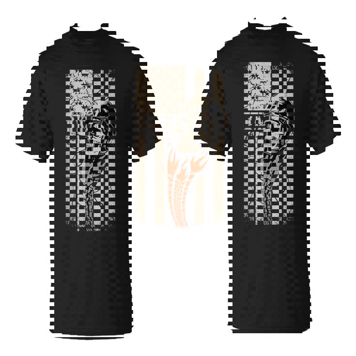 Biker Skull Vintage Art With Flames And American Flag T-Shirt