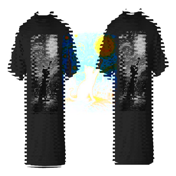 Black Cat Starry Night Van Gogh Cat Cat Mom Cat Dad T-Shirt