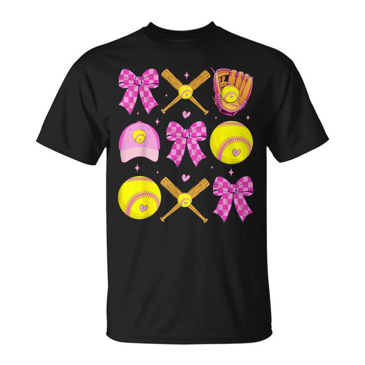 Checkered Mama Bow Cute Softball Mom Game Day Sports T-Shirt