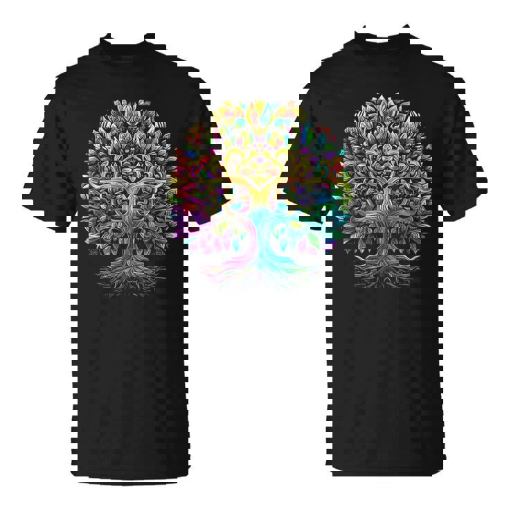 Full Foliage Tree Of Life 葉がいっぱいのレインボー生命の木 Tシャツ