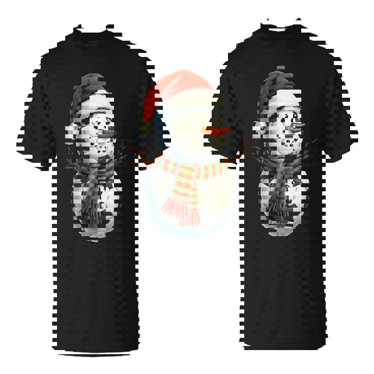 Snowman With Santa Hat Soccer Balls Christmas Women Men Kids T-Shirt