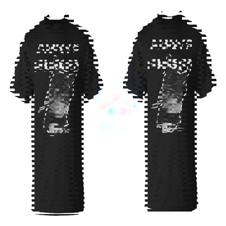 いつも空腹の猫 – 面白い食べ物好きデザイン Tシャツ