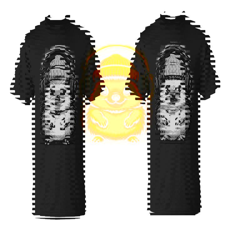 かわいいハリネズミ、ビーニーとヘッドフォン、居心地の良い音楽愛好家。 長袖tシャツ Tシャツ