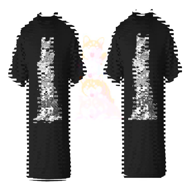 かわいい秋田犬が重ねて重ねられています Tシャツ