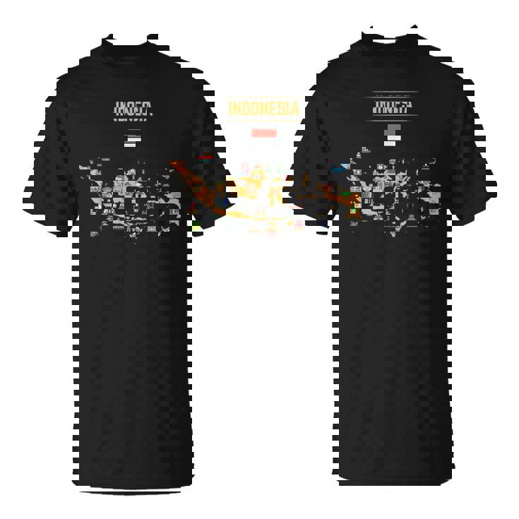インドネシアの地図。 有名な国のランドマークのアイコン、伝統 Tシャツ