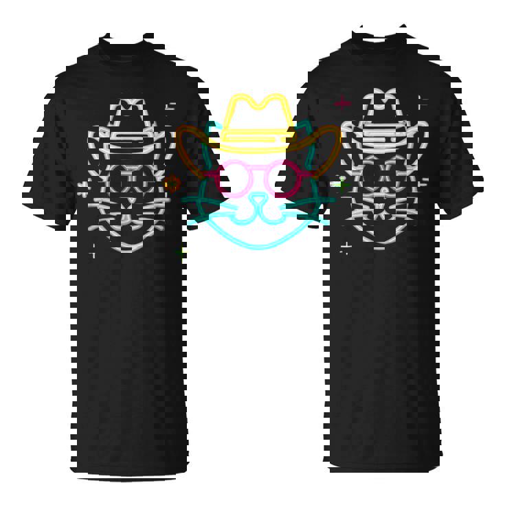 カウボーイ 猫 顔 ラウンド サングラス ウェスタン グラフィック ピンク アニマル Tシャツ