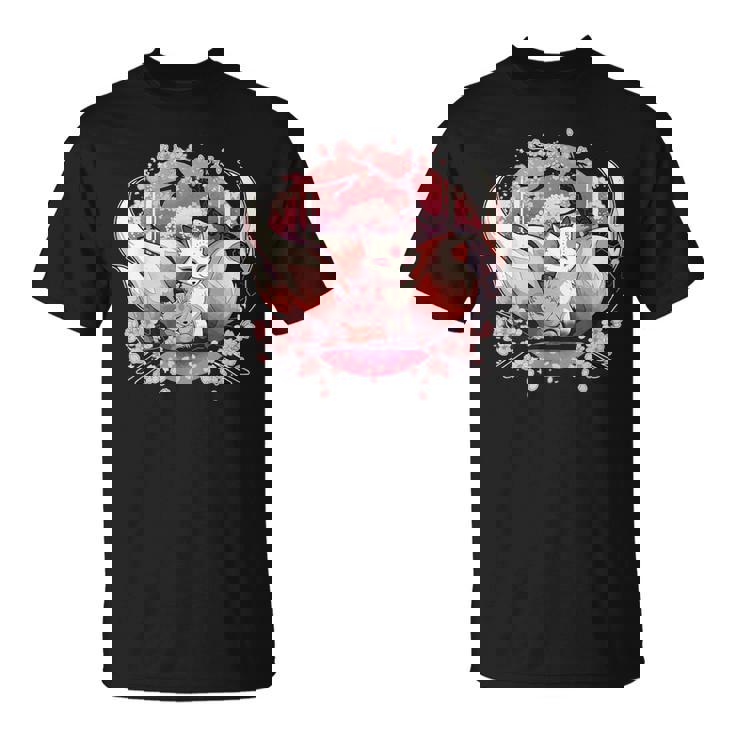 キツネ キツネ 九尾キツネ 桜花 Tシャツ