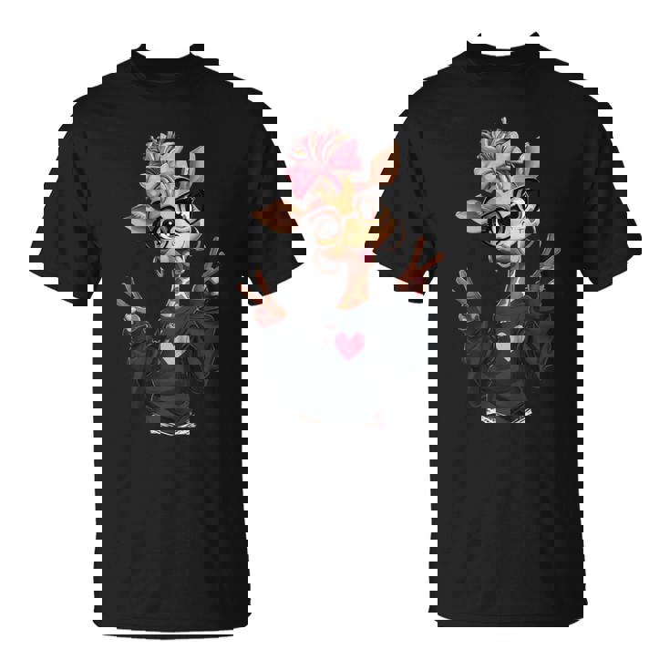 キリンガール ダブルピースサイン ピンク リボン ポップ グラフィック 遊び心のある 長袖tシャツ Tシャツ