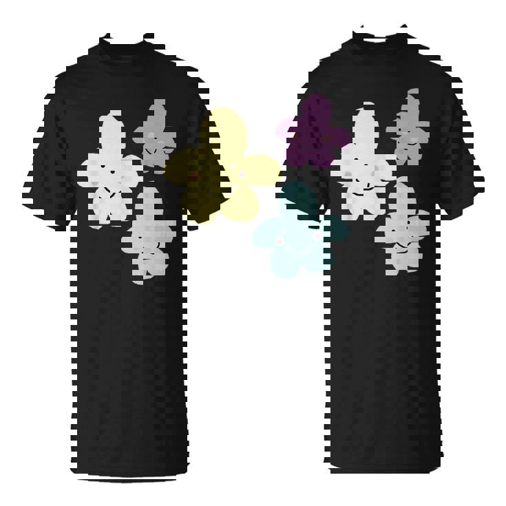 スマイリングフラワー イエロー ブルー パープル 楽しい春 Tシャツ