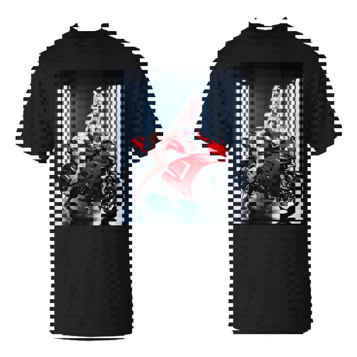 セクシーガールグラフィックtシャツ セクシーなブロンドガール&レッドストリートバイク Tシャツ