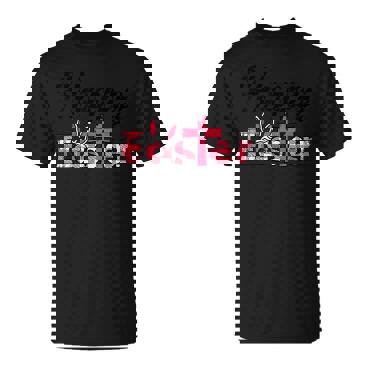 チェック柄ハッピーイースターバニー耳クロスかわいい宗教クリスチャン Tシャツ