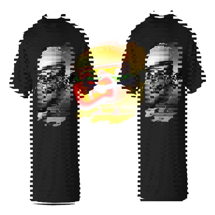 ハンバーガー 演奏 ギター ギタリスト ファニー ファーストフード ハンバーガー Tシャツ