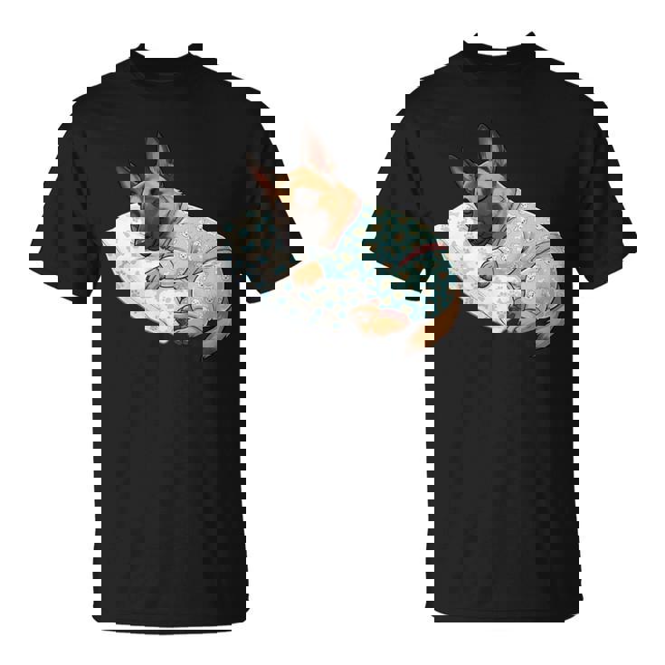 パジャマで寝ているかわいいベルギーのマリノア犬就寝アート 長袖tシャツ Tシャツ