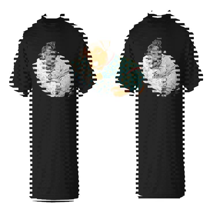 パジャマで寝ているかわいいボストンテリア犬就寝アート 長袖tシャツ Tシャツ