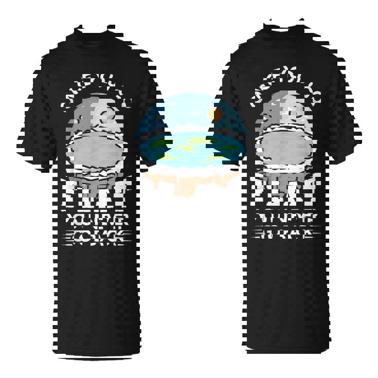 フラットアースデザインのアイデア 一度行けばフラット陰謀論 Tシャツ