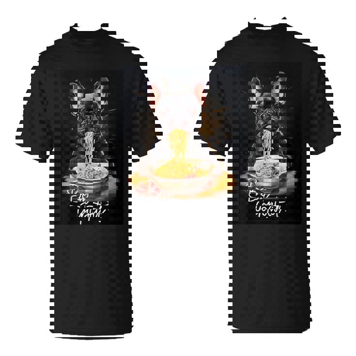 フレンチブルドッグ 食べる パスタ ボンアペティ カラフル ドッグアート Tシャツ