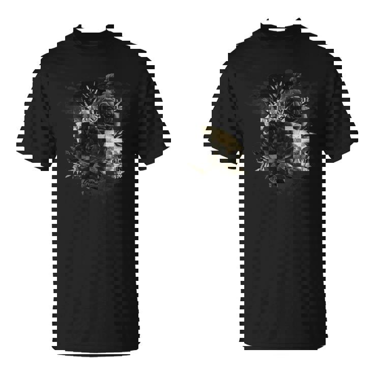 ブラックローズフラワーとスカルアート グランジスタイル 長袖tシャツ Tシャツ