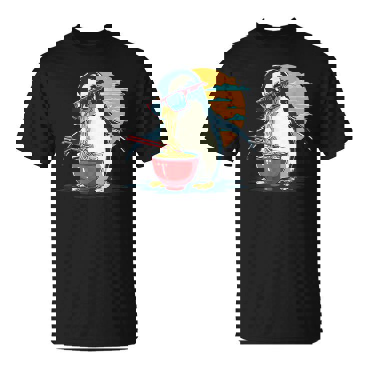 ペンギン食べる ラーメン サングラス アートワーク 和麺 Tシャツ