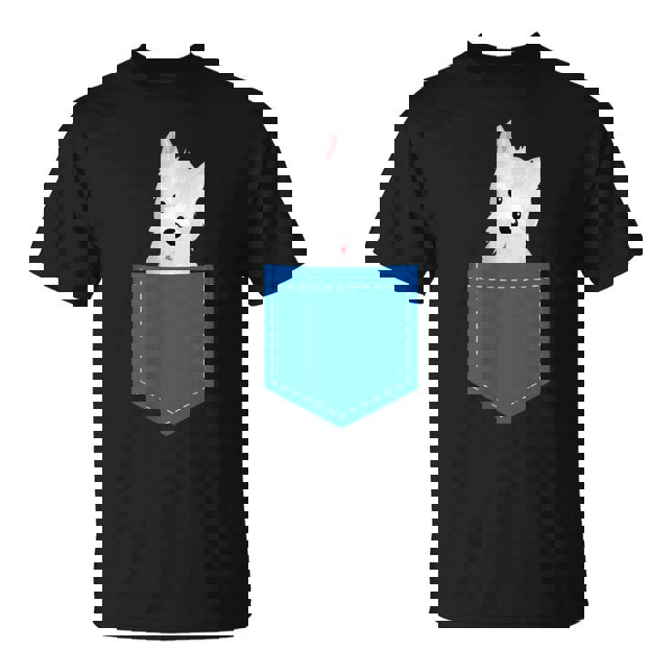 ポケットに犬のウェスティ犬テリアフロントポケット胸 Tシャツ