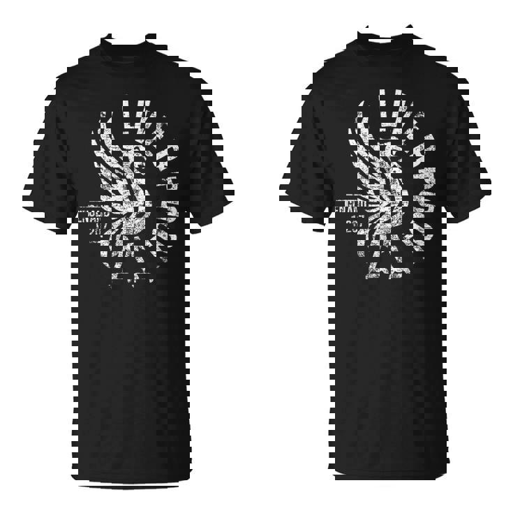 リバプール イングランド Est 1207 ラウンド ホワイト アンティーク調プリント Tシャツ