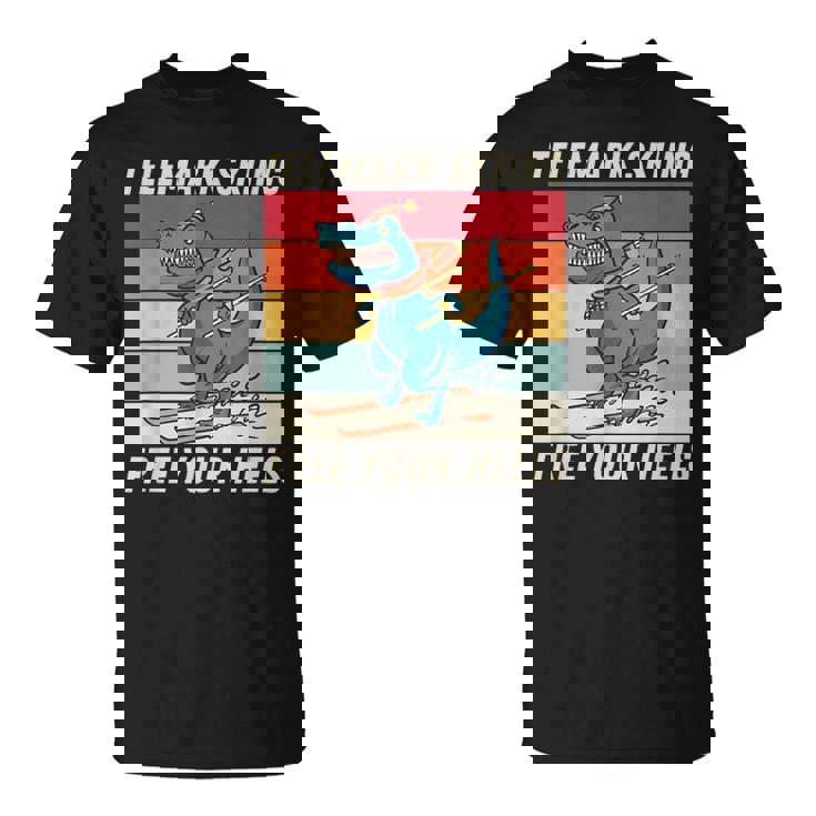 レトロ かわいい 漫画 恐竜 スキーヤー テレマーク スキー Tシャツ