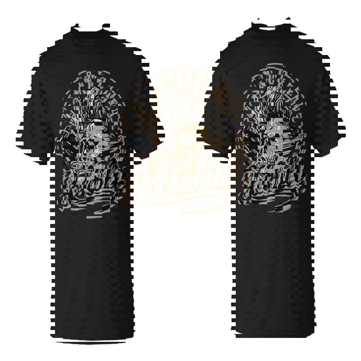 ロカビリーネバーダイスカルバーバーロッカー美容師 Tシャツ