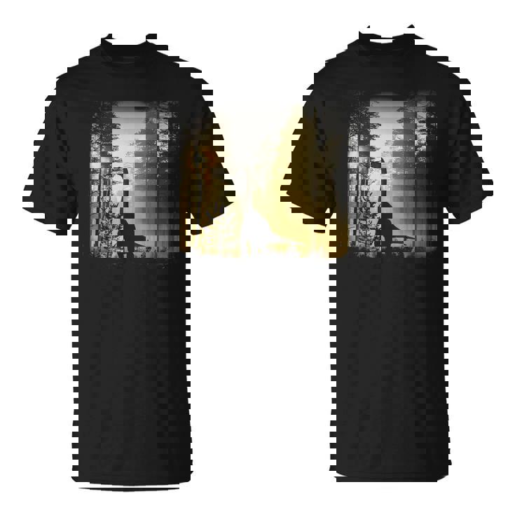 夜明けの竜脚類恐竜の森 リアルなグラフィックデザイン Tシャツ
