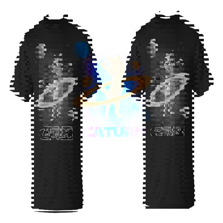 宇宙の土星猫土星ギャラクシー面白い子猫猫の恋人 Tシャツ