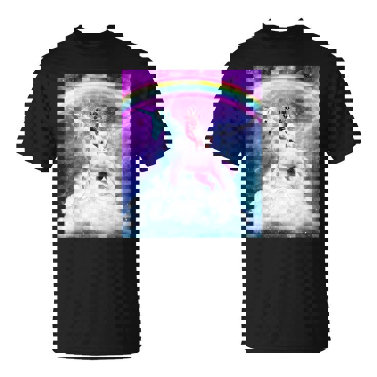宇宙パグ 雲の上のレインボーユニコーン Tシャツ