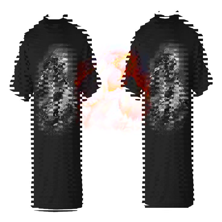 小惑星衝突月の下で燃える森で吠えるオオカミ Tシャツ