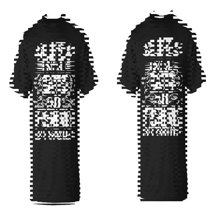 猫と釣り漁師 おもしろ釣り Tシャツ