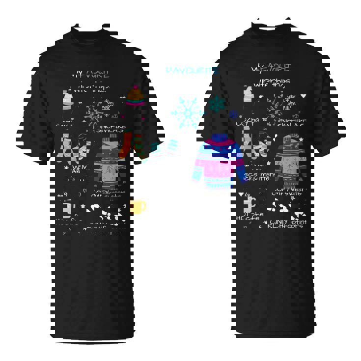 私のお気に入りの冬のものは、居心地の良い帽子、雪の結晶、ホットコーヒーです。 長袖tシャツ Tシャツ